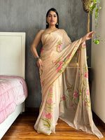 Load image into Gallery viewer, Elegant Hand Painted Chiffon Saree with Zari Border - Perfect for Special Occasions