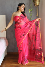 Load image into Gallery viewer, Elegant Hand Painted Chiffon Saree with Zari Border - Perfect for Special Occasions