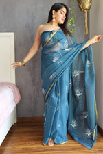 Load image into Gallery viewer, Elegant Hand Painted Chiffon Saree with Zari Border - Perfect for Special Occasions