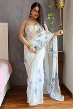 Load image into Gallery viewer, Elegant Hand Painted Chiffon Saree with Zari Border - Perfect for Special Occasions
