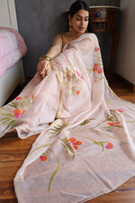 Load image into Gallery viewer, Elegant Hand Painted Chiffon Saree with Zari Border - Perfect for Special Occasions