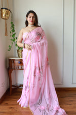 Load image into Gallery viewer, Elegant Hand Painted Chiffon Saree with Zari Border - Perfect for Special Occasions