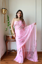 Load image into Gallery viewer, Elegant Hand Painted Chiffon Saree with Zari Border - Perfect for Special Occasions