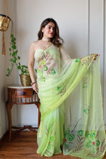 Load image into Gallery viewer, Elegant Hand Painted Chiffon Saree with Zari Border - Perfect for Special Occasions