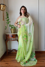 Load image into Gallery viewer, Elegant Hand Painted Chiffon Saree with Zari Border - Perfect for Special Occasions