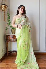 Load image into Gallery viewer, Elegant Hand Painted Chiffon Saree with Zari Border - Perfect for Special Occasions