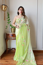 Load image into Gallery viewer, Elegant Hand Painted Chiffon Saree with Zari Border - Perfect for Special Occasions