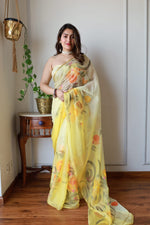 Load image into Gallery viewer, Elegant Hand Painted Chiffon Saree with Zari Border - Perfect for Special Occasions