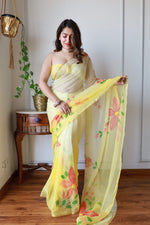 Load image into Gallery viewer, Elegant Hand Painted Chiffon Saree with Zari Border - Perfect for Special Occasions