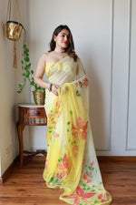 Load image into Gallery viewer, Elegant Hand Painted Chiffon Saree with Zari Border - Perfect for Special Occasions