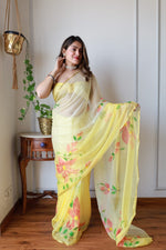 Load image into Gallery viewer, Elegant Hand Painted Chiffon Saree with Zari Border - Perfect for Special Occasions