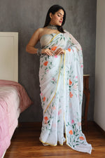 Load image into Gallery viewer, Elegant Hand Painted Chiffon Saree with Zari Border - Perfect for Special Occasions