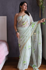 Load image into Gallery viewer, Elegant Hand Painted Chiffon Saree with Zari Border - Perfect for Special Occasions