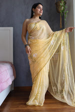 Load image into Gallery viewer, Elegant Hand Painted Chiffon Saree with Zari Border - Perfect for Special Occasions