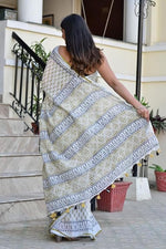 Load image into Gallery viewer, Cotton Linen Saree with Hand Block Print - Shivanya Handicrafts Women's Traditional Indian Wear
