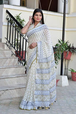 Load image into Gallery viewer, Cotton Linen Saree with Hand Block Print - Shivanya Handicrafts Women's Traditional Indian Wear