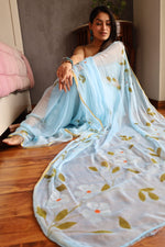 Load image into Gallery viewer, Elegant Hand Painted Chiffon Saree with Zari Border - Perfect for Special Occasions