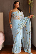 Load image into Gallery viewer, Elegant Hand Painted Chiffon Saree with Zari Border - Perfect for Special Occasions