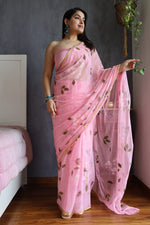 Load image into Gallery viewer, Elegant Hand Painted Chiffon Saree with Zari Border - Perfect for Special Occasions