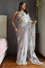 Load image into Gallery viewer, Elegant Hand Painted Chiffon Saree with Zari Border - Perfect for Special Occasions