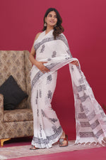 Load image into Gallery viewer, Cotton Linen Saree with Hand Block Print - Shivanya Handicrafts Women's Traditional Indian Wear