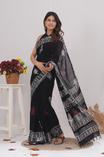 Load image into Gallery viewer, Cotton Linen Saree with Hand Block Print - Shivanya Handicrafts Women's Traditional Indian Wear