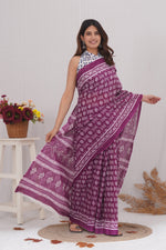 Load image into Gallery viewer, Mulmul Cotton Saree with Hand Block Print - Shivanya Handicrafts Women's Traditional Indian Wear