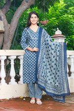 Load image into Gallery viewer, Printed Cotton Women Straight Kurta with Pant with Dupatta Set