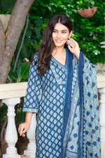 Load image into Gallery viewer, Printed Cotton Women Straight Kurta with Pant with Dupatta Set