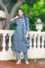 Load image into Gallery viewer, Printed Cotton Women Straight Kurta with Pant with Dupatta Set