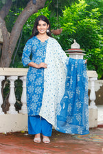 Load image into Gallery viewer, Printed Cotton Women Straight Kurta with Pant with Dupatta Set