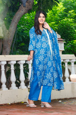 Load image into Gallery viewer, Printed Cotton Women Straight Kurta with Pant with Dupatta Set