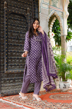 Load image into Gallery viewer, Printed Cotton Women Straight Kurta with Pant with Dupatta Set