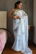 Load image into Gallery viewer, Elegant Hand Painted Chiffon Saree with Zari Border - Perfect for Special Occasions
