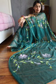 Elegant Hand Painted Chiffon Saree with Zari Border - Perfect for Special Occasions