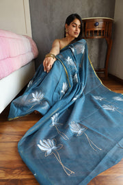 Elegant Hand Painted Chiffon Saree with Zari Border - Perfect for Special Occasions