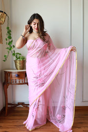 Elegant Hand Painted Chiffon Saree with Zari Border - Perfect for Special Occasions