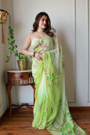 Elegant Hand Painted Chiffon Saree with Zari Border - Perfect for Special Occasions