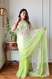 Elegant Hand Painted Chiffon Saree with Zari Border - Perfect for Special Occasions
