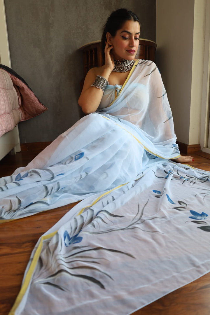 Elegant Hand Painted Chiffon Saree with Zari Border - Perfect for Special Occasions