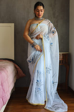 Load image into Gallery viewer, Elegant Hand Painted Chiffon Saree with Zari Border - Perfect for Special Occasions
