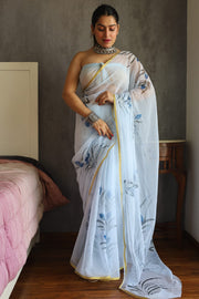 Elegant Hand Painted Chiffon Saree with Zari Border - Perfect for Special Occasions
