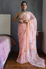 Load image into Gallery viewer, Elegant Hand Painted Chiffon Saree with Zari Border - Perfect for Special Occasions
