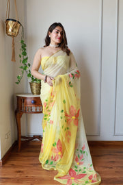 Elegant Hand Painted Chiffon Saree with Zari Border - Perfect for Special Occasions