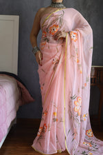 Load image into Gallery viewer, Elegant Hand Painted Chiffon Saree with Zari Border - Perfect for Special Occasions
