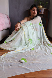 Elegant Hand Painted Chiffon Saree with Zari Border - Perfect for Special Occasions