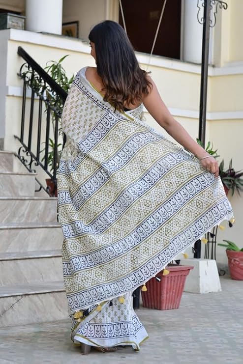 Cotton Linen Saree with Hand Block Print - Shivanya Handicrafts Women's Traditional Indian Wear