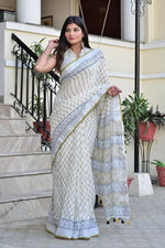 Load image into Gallery viewer, Cotton Linen Saree with Hand Block Print - Shivanya Handicrafts Women&#39;s Traditional Indian Wear
