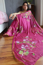 Elegant Hand Painted Chiffon Saree with Zari Border - Perfect for Special Occasions