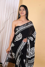 Load image into Gallery viewer, Cotton Linen Saree with Hand Block Print - Shivanya Handicrafts Women&#39;s Traditional Indian Wear
